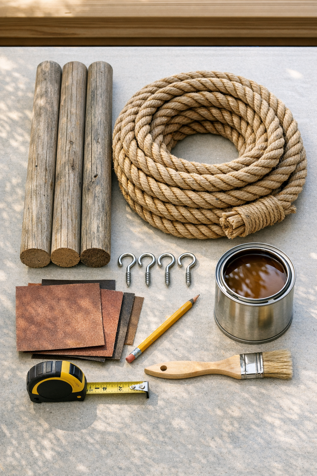 Outdoor towel rack materials laid out on a work surface