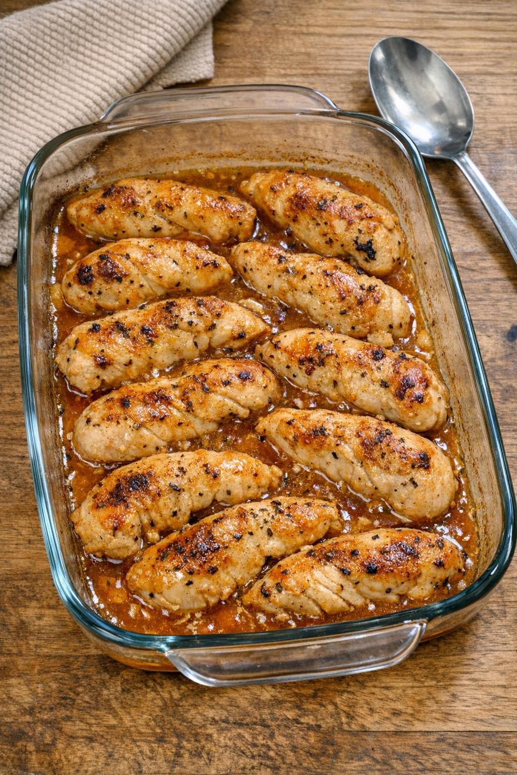 Baked chicken tenderloins in sauce in a glass casserole dish