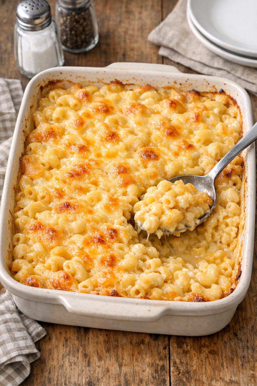 Finished baked Velveeta macaroni in a casserole dish