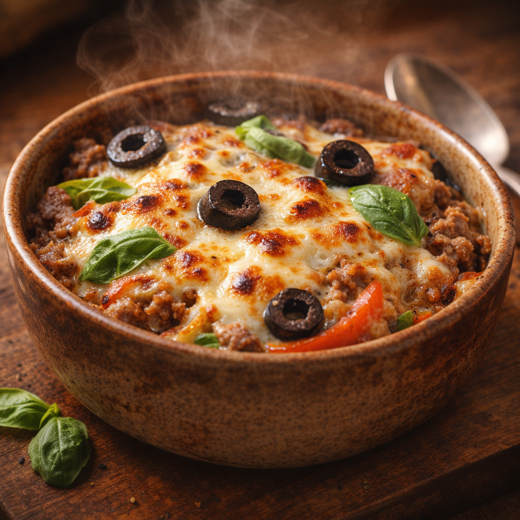 Freshly baked pizza bowl with basil garnish