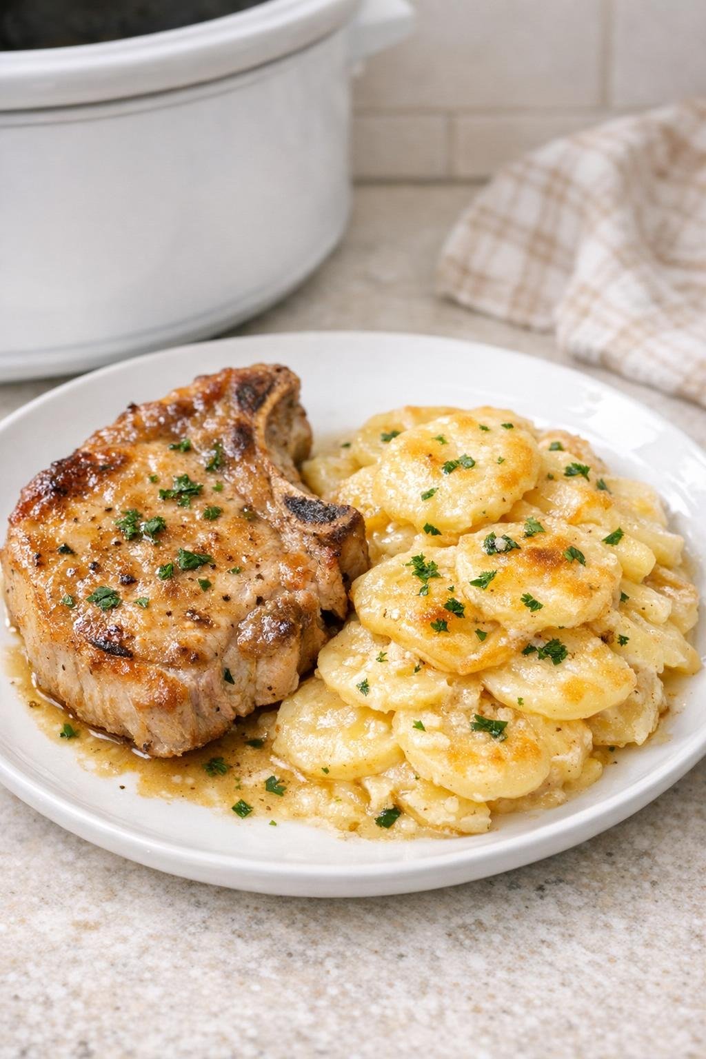 Finished pork chops and scalloped potatoes plated from the slow cooker