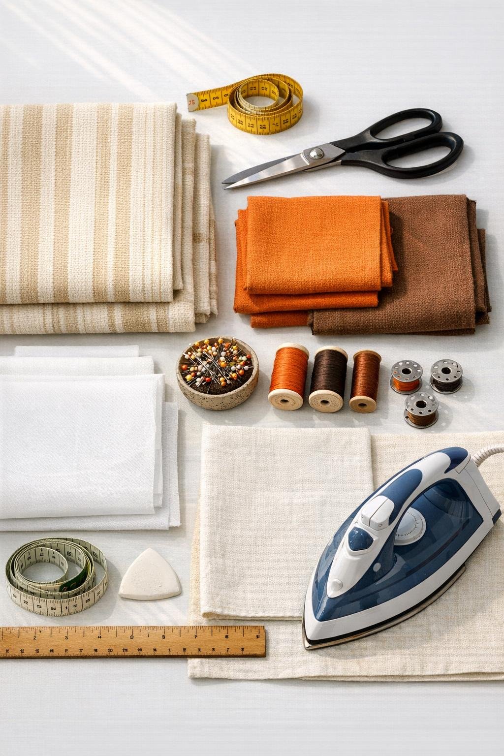 Old cotton curtains and sewing supplies laid out for making an autumn table runner