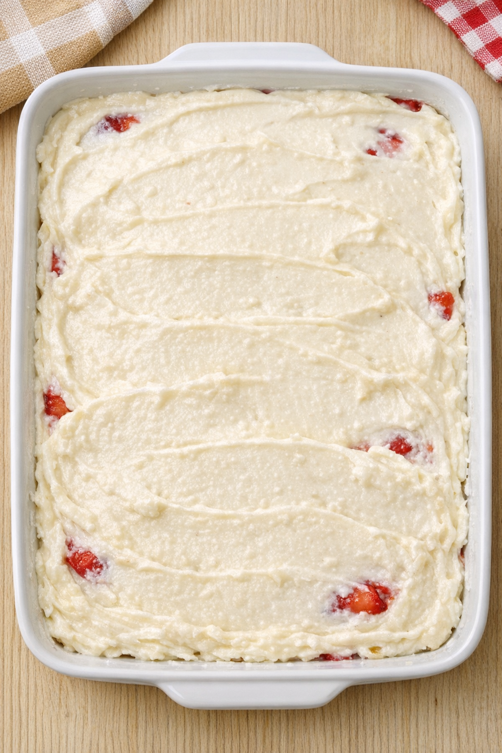 Layered dessert assembled before baking