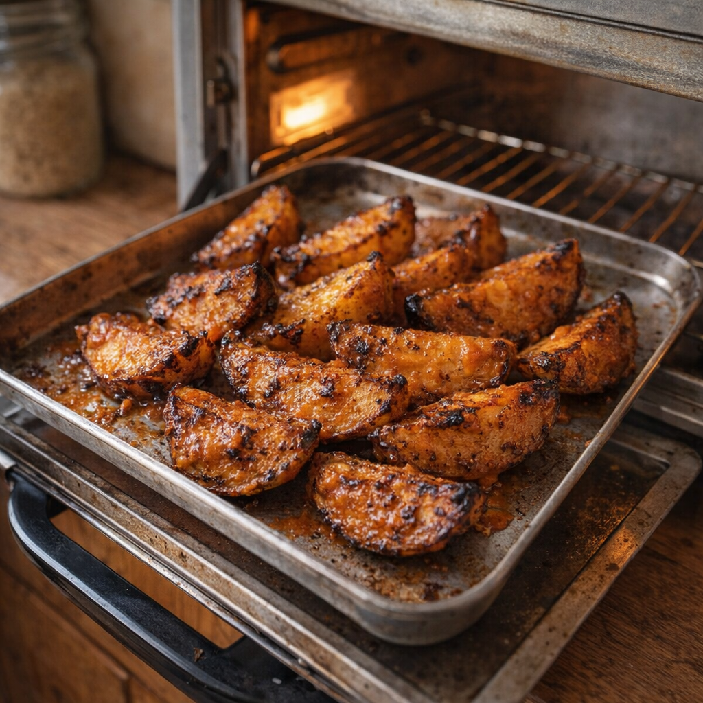 Leftover roasted potatoes reheating in a small toaster oven tray