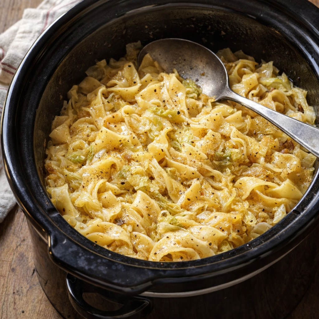 Slow cooker cabbage noodles in a rustic crock