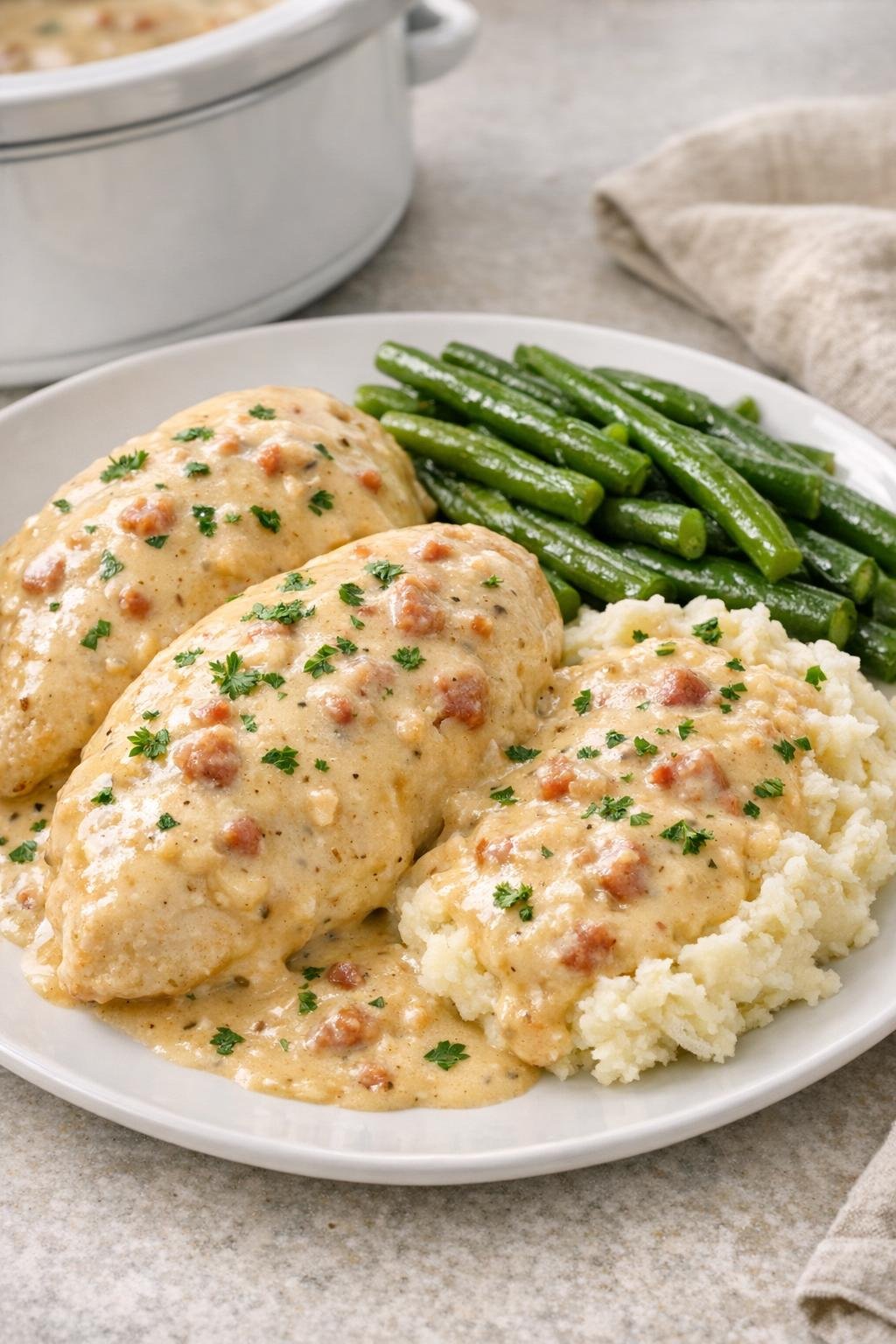 Finished creamy bacon chicken plated with sauce