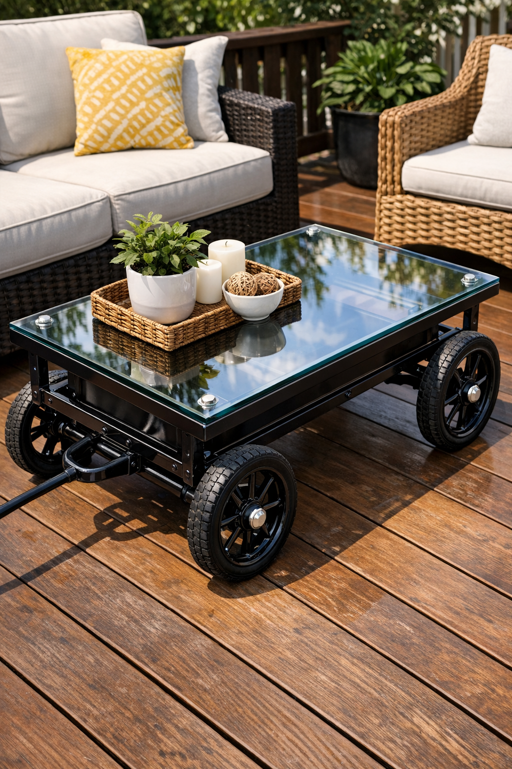 Finished outdoor coffee table with clear glass top on painted steel wagon cart base