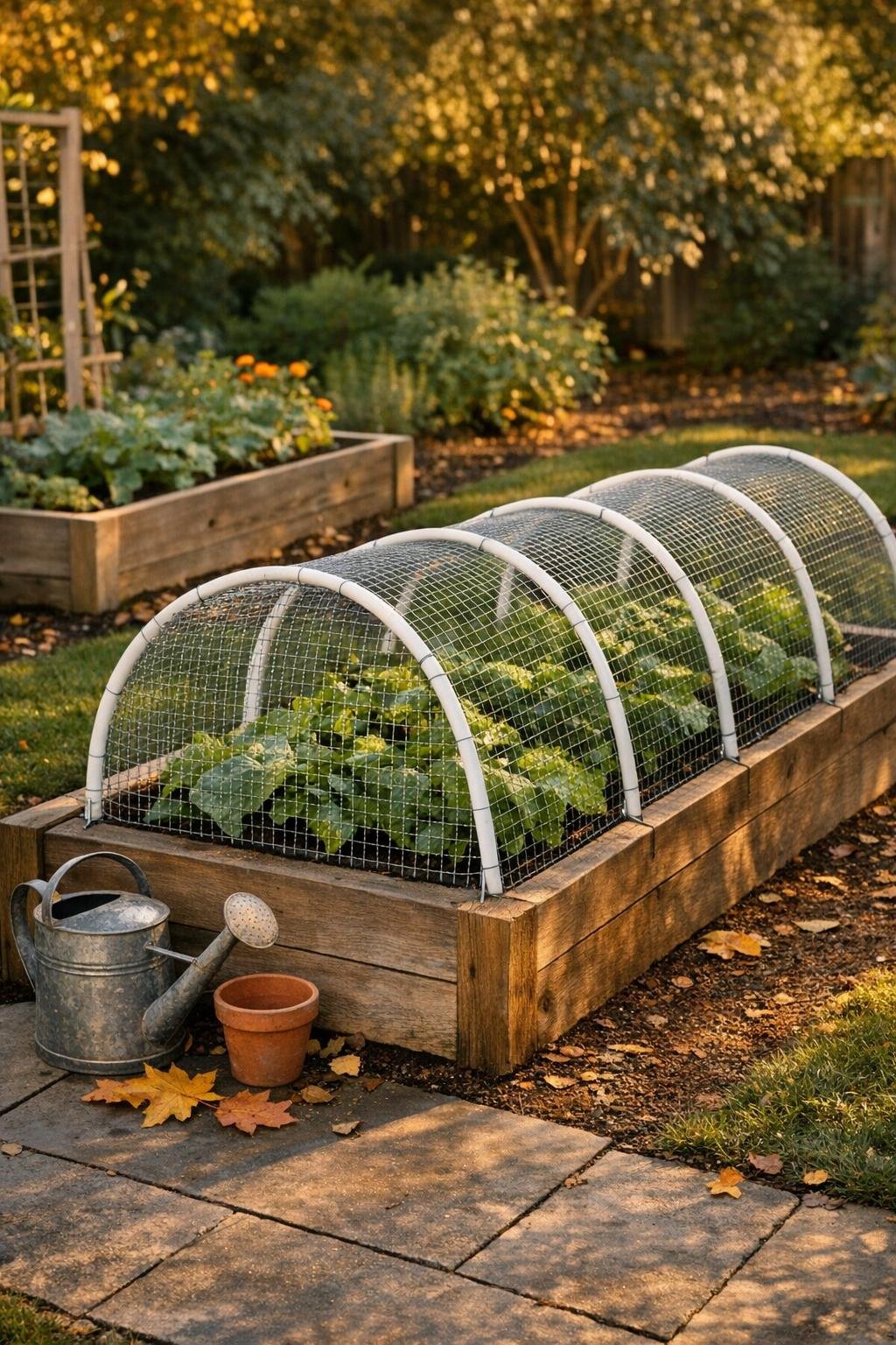 Finished PVC critter tunnel barrier over a raised garden bed
