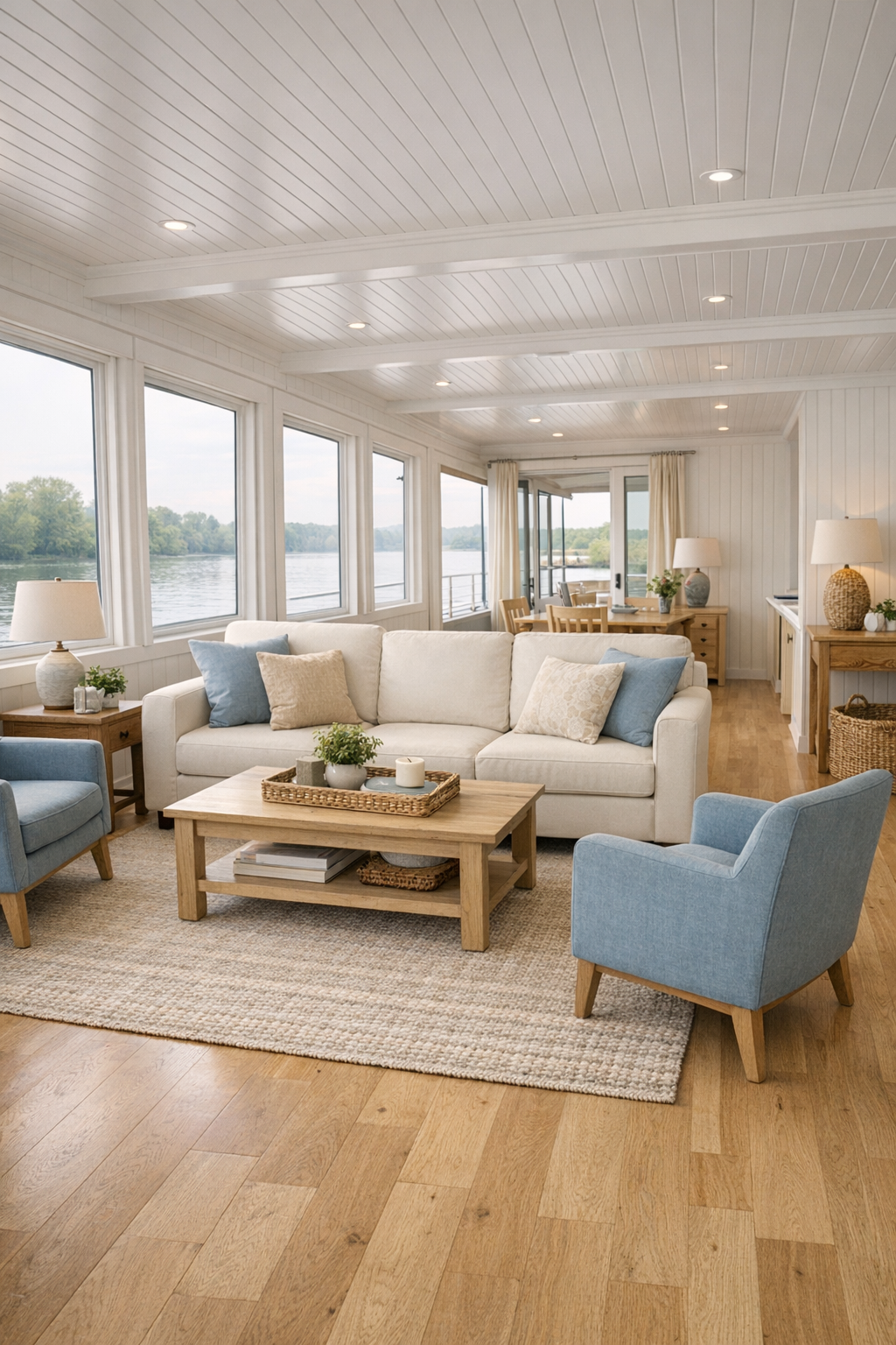 Open riverboat living room with white paneling, blue seating, and wide accessible layout