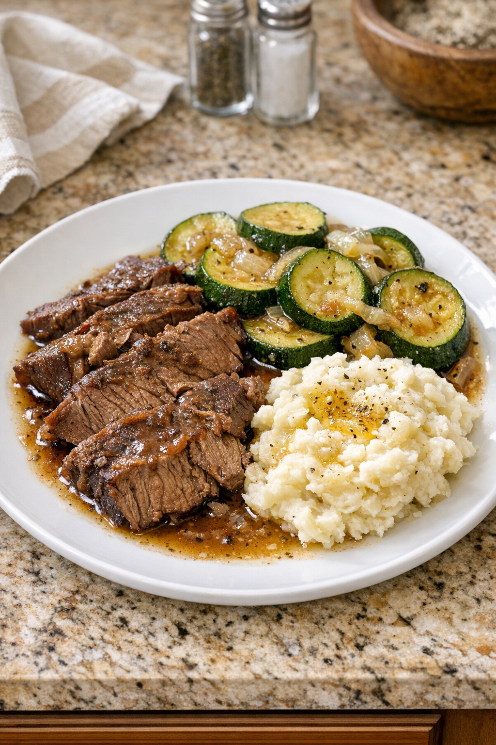 Finished Amish zucchini beef plated with tender roast and zucchini