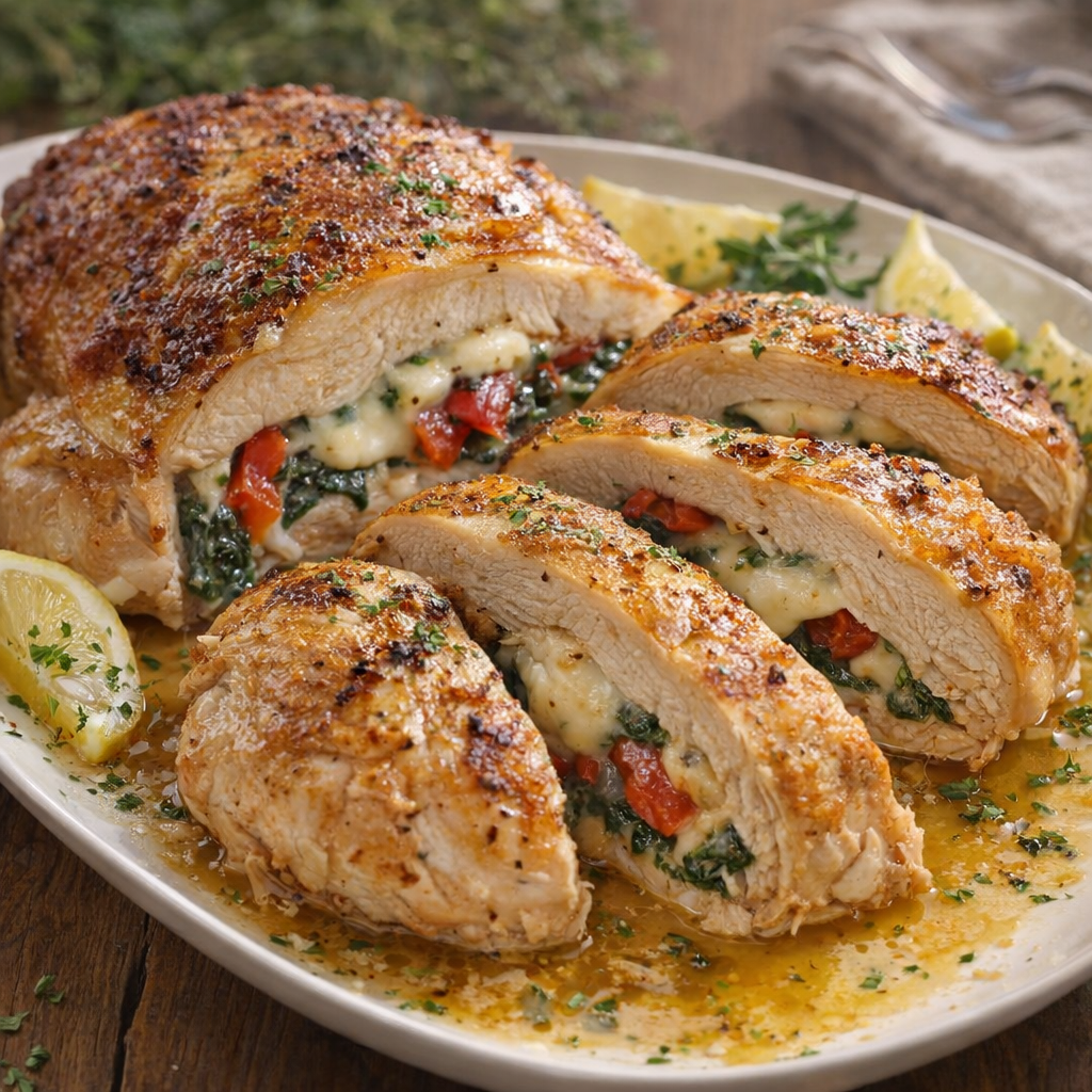 Carved roasted chicken with melted stuffing visible
