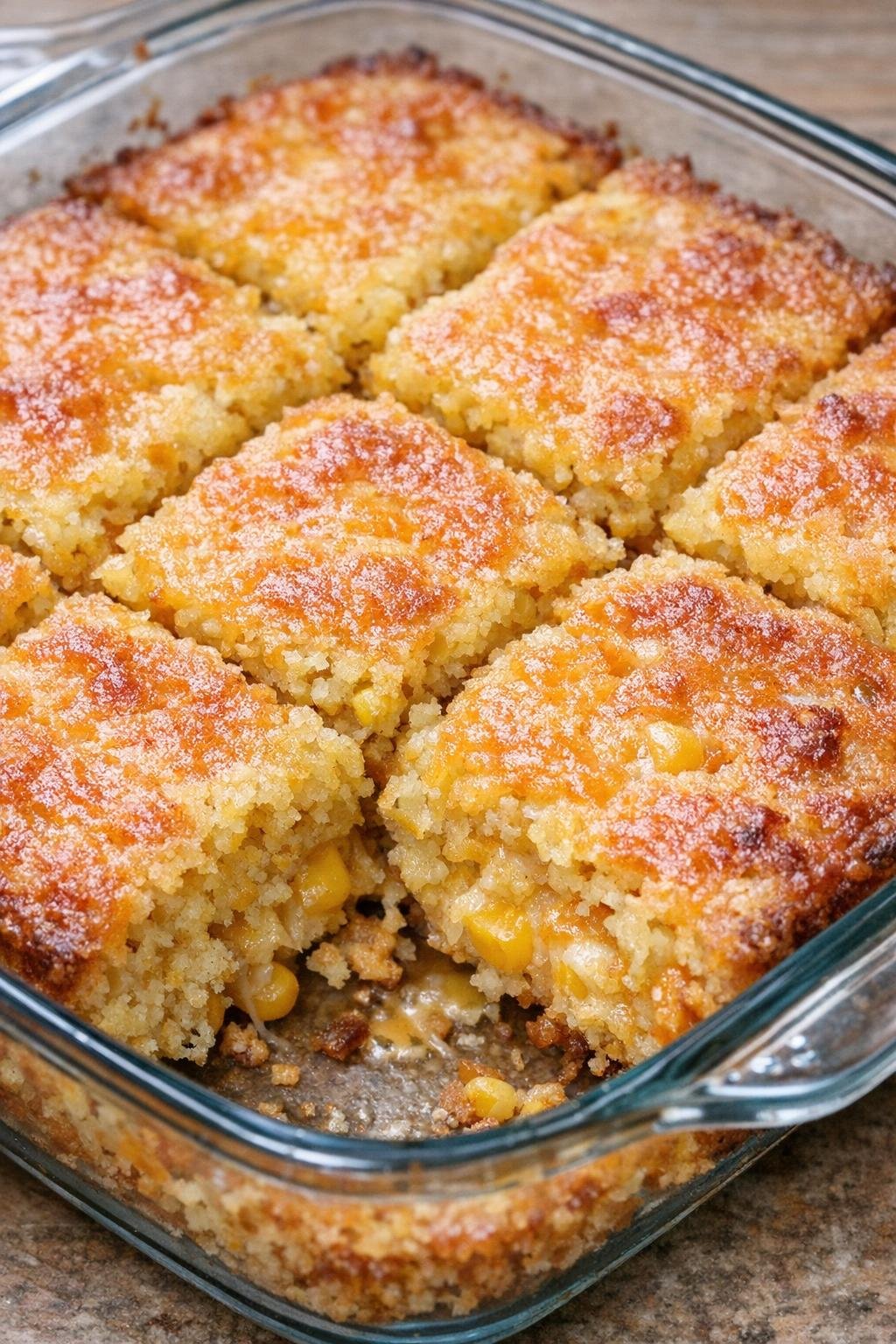 Southern 3-ingredient cheesy cornbread squares in a glass casserole dish