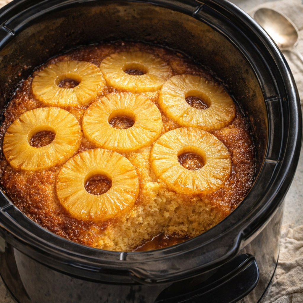 Warm pineapple upside down cake served from a slow cooker