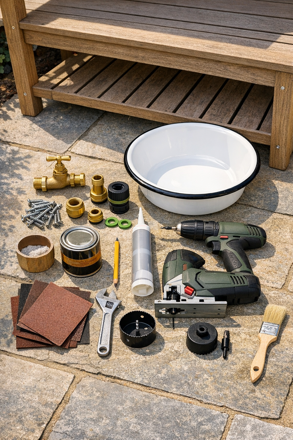 Wooden potting bench, enamel basin, hose spigot parts, and tools laid out for the project