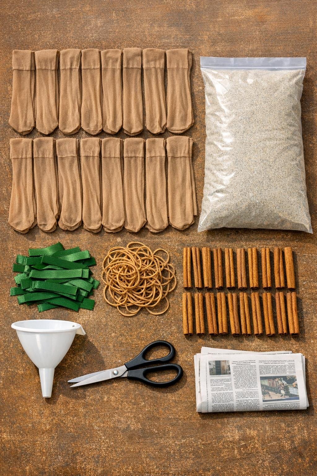 Materials for making sand-filled stocking pumpkins laid out neatly
