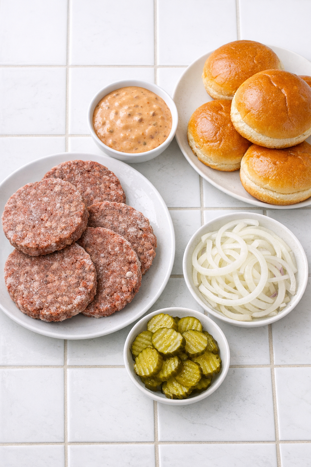 Frozen beef patties, Thousand Island dressing, onion, buns, and pickles