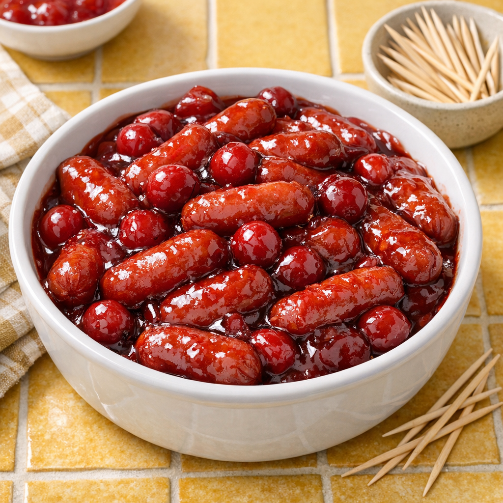 Finished cherry pie smokies in a serving bowl