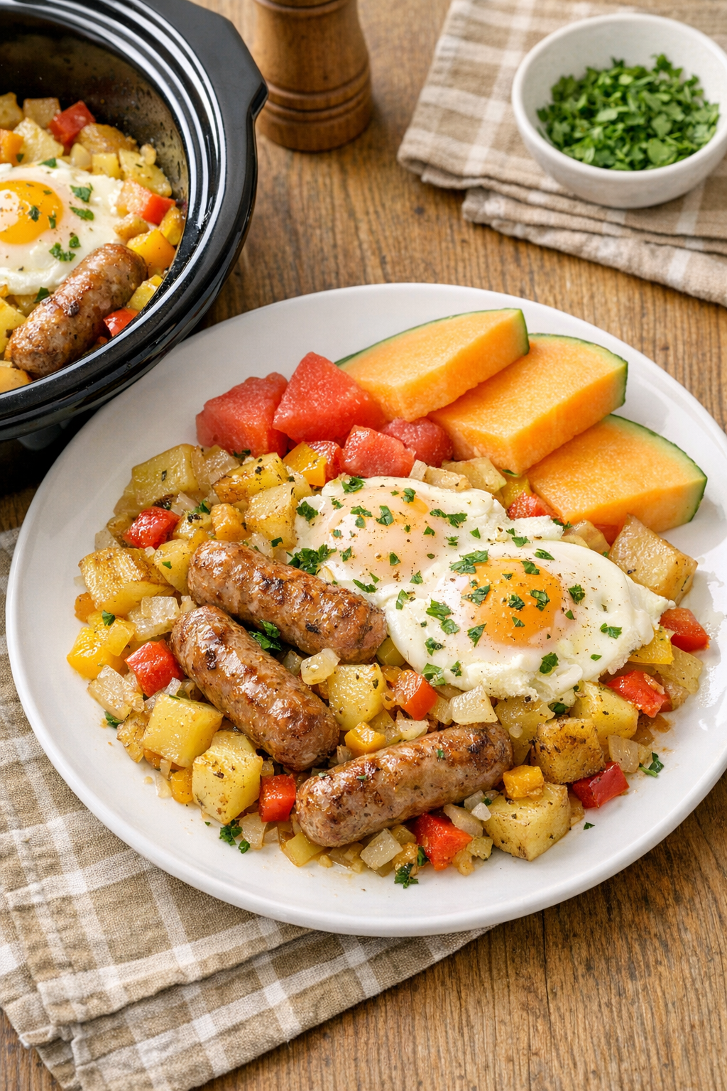 Finished slow cooker breakfast with sausage, potatoes, peppers, onion, and eggs