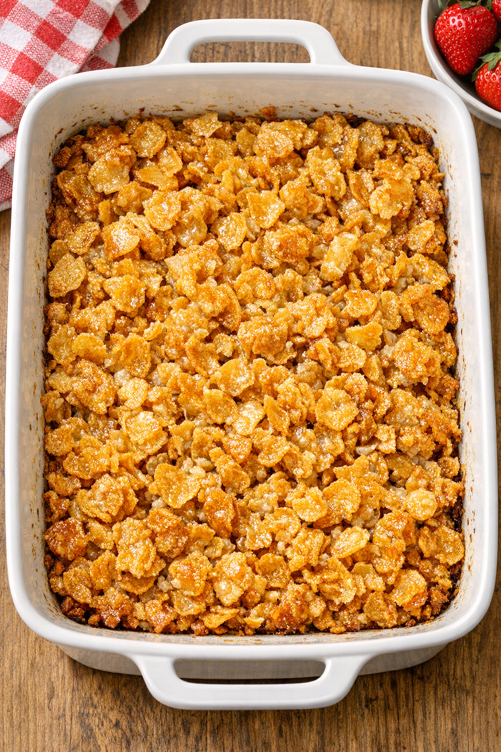 Finished baked corn flake sweet in a casserole dish