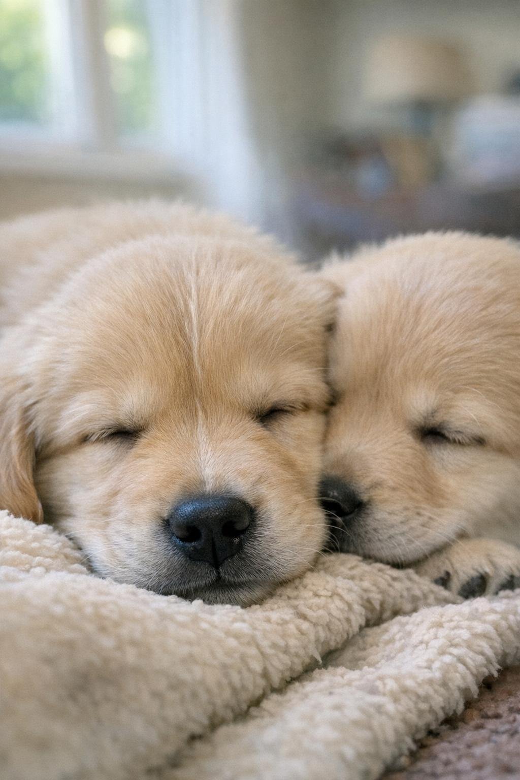 Golden retriever puppy with a backward-growing line of hair on its nose beside a smooth-snouted littermate