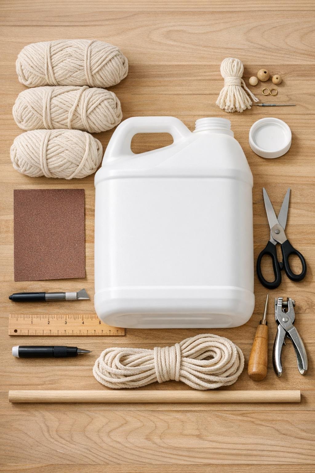 Materials for making a crochet wall hanging from a plastic cat litter jug