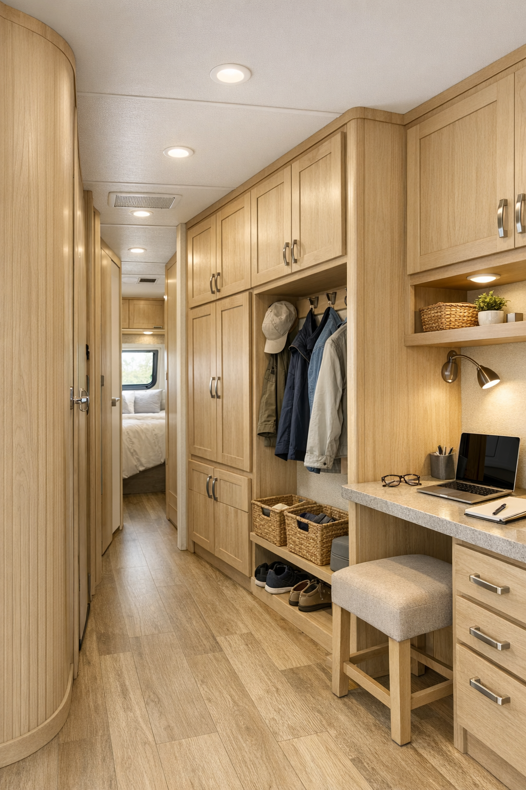 Thoughtful RV hallway and storage area with built-in cabinetry