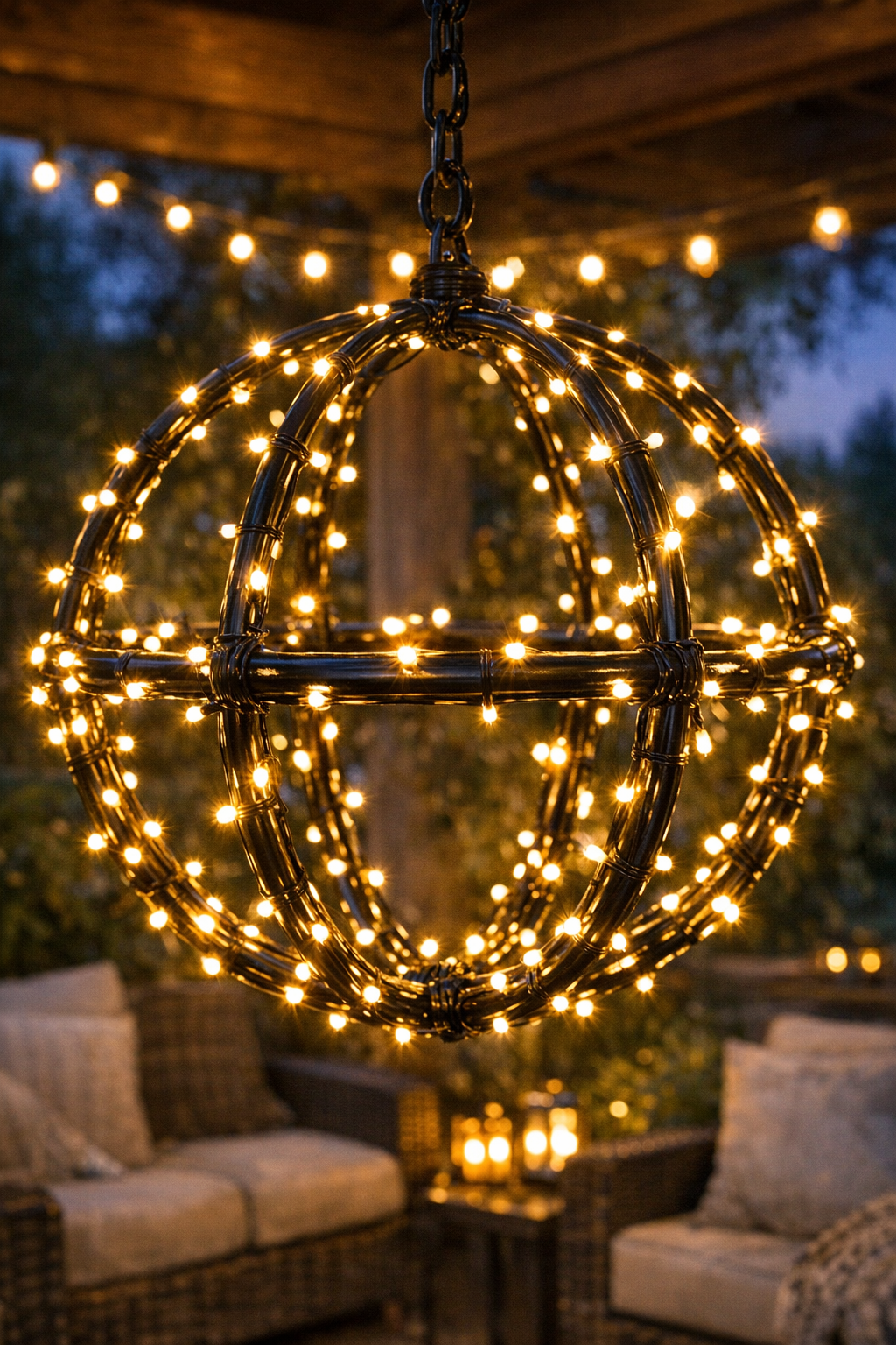Finished giant backyard hanging chandelier made from hula hoops and warm white lights