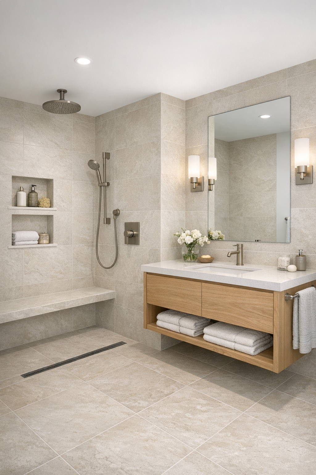 Accessible bathroom with curbless shower, pale stone-look tile, and floating oak vanity