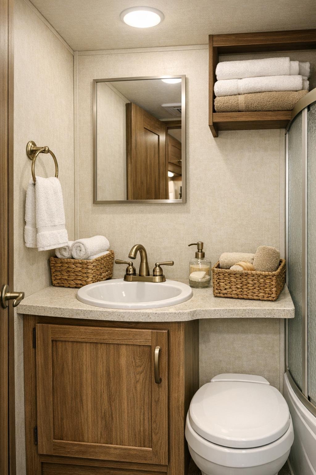 Fresh camper bathroom with a compact vanity, light tile, and warm wood accents