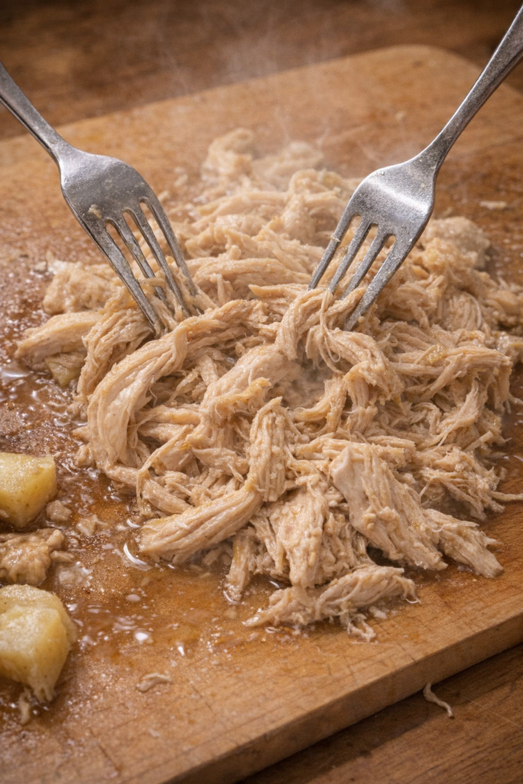 Shredded chicken on a cutting board