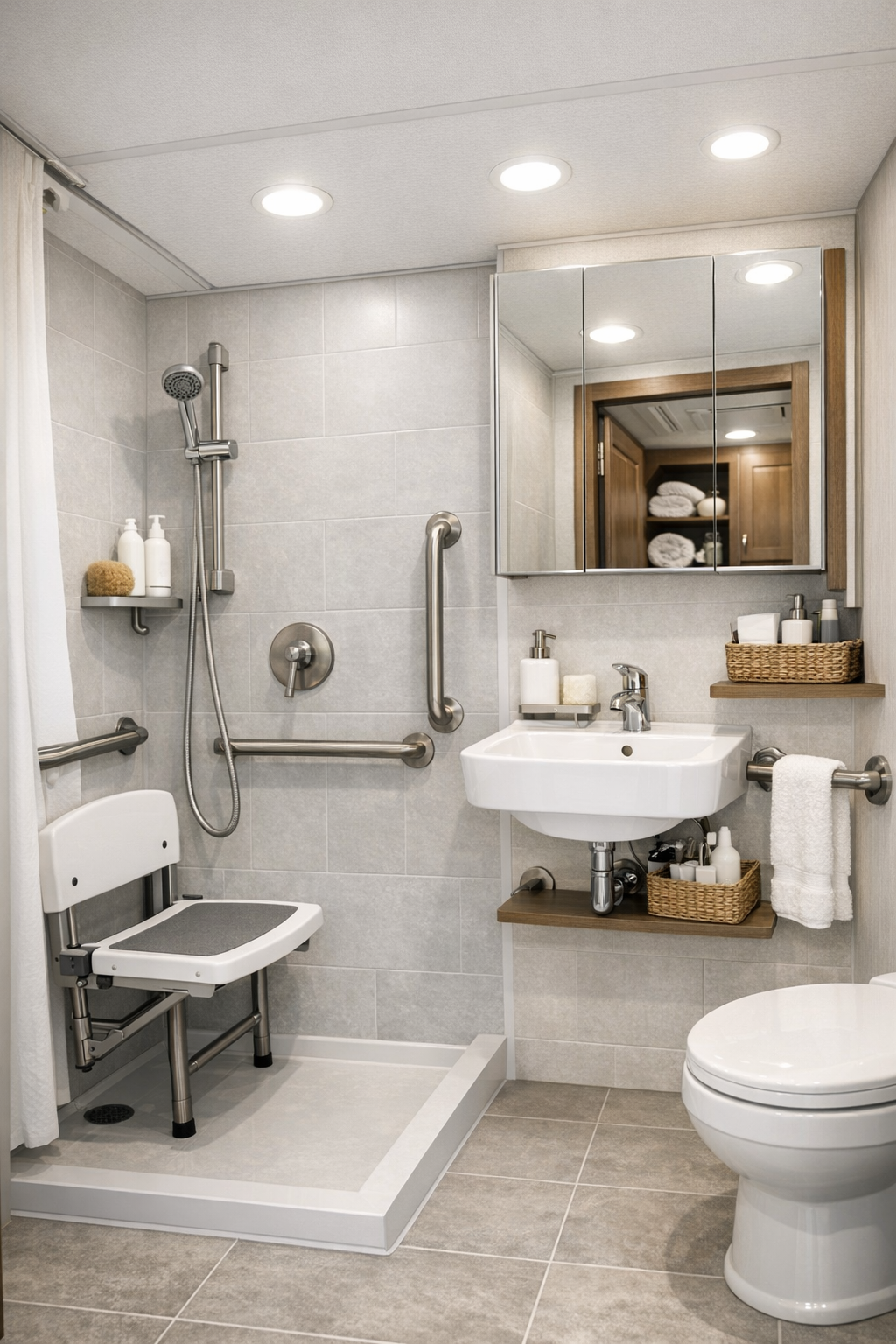 Accessible RV bathroom with barrier-free shower, pale tile, and coordinated grab bars