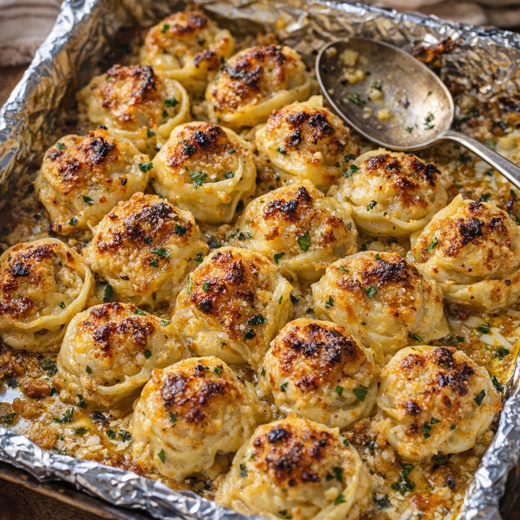 Sheet pan garlic butter tortellini fresh from the oven