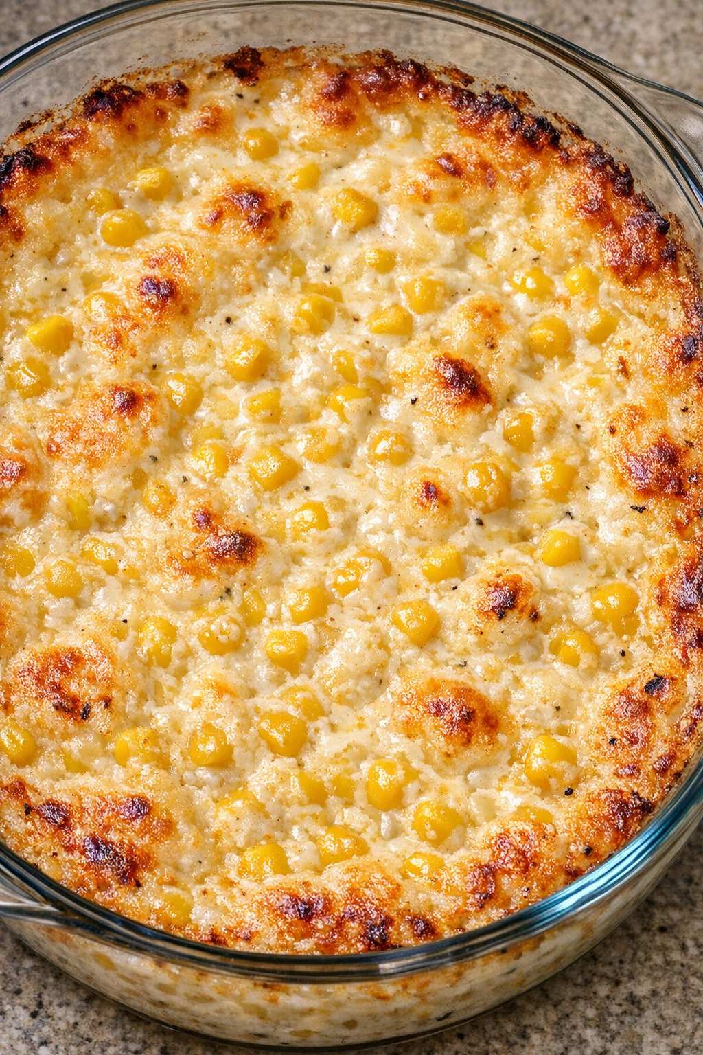 Southern creamy corn dip baked in a glass casserole dish
