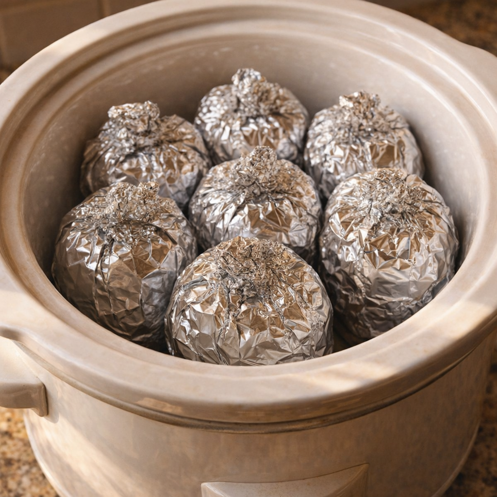 Foil-wrapped apples resting in a slow cooker