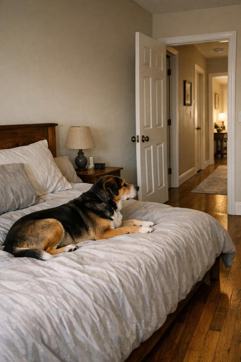 Dog lying alert on one side of a bed near the bedroom door
