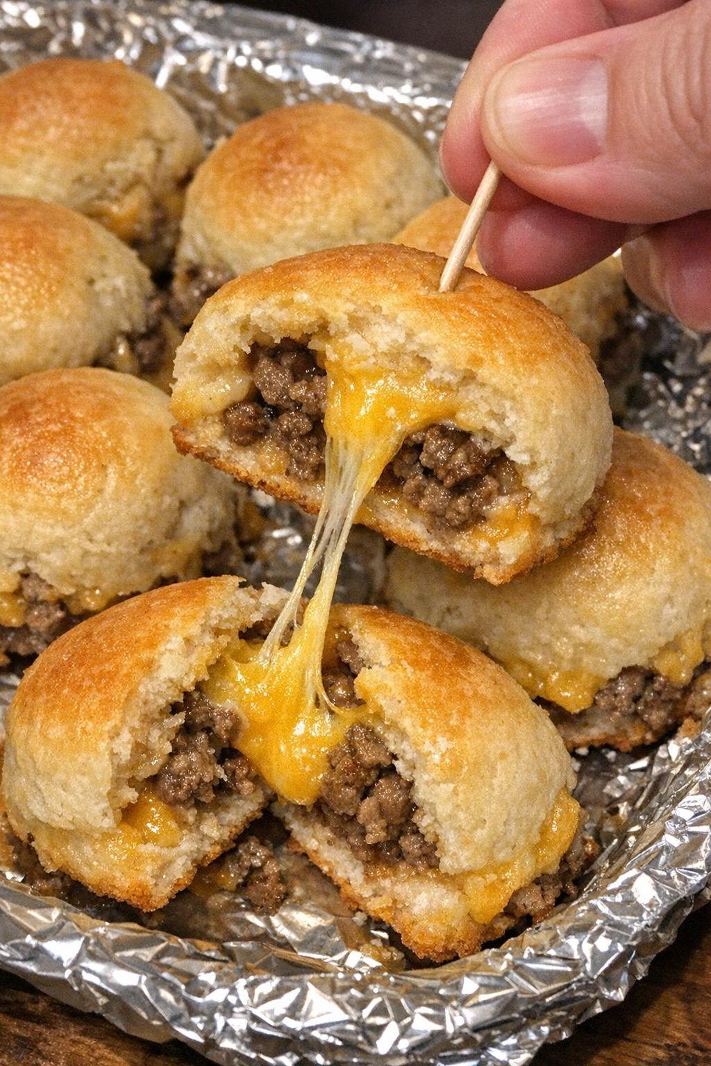 Golden biscuit bites with beef and melted cheddar on a foil-lined platter