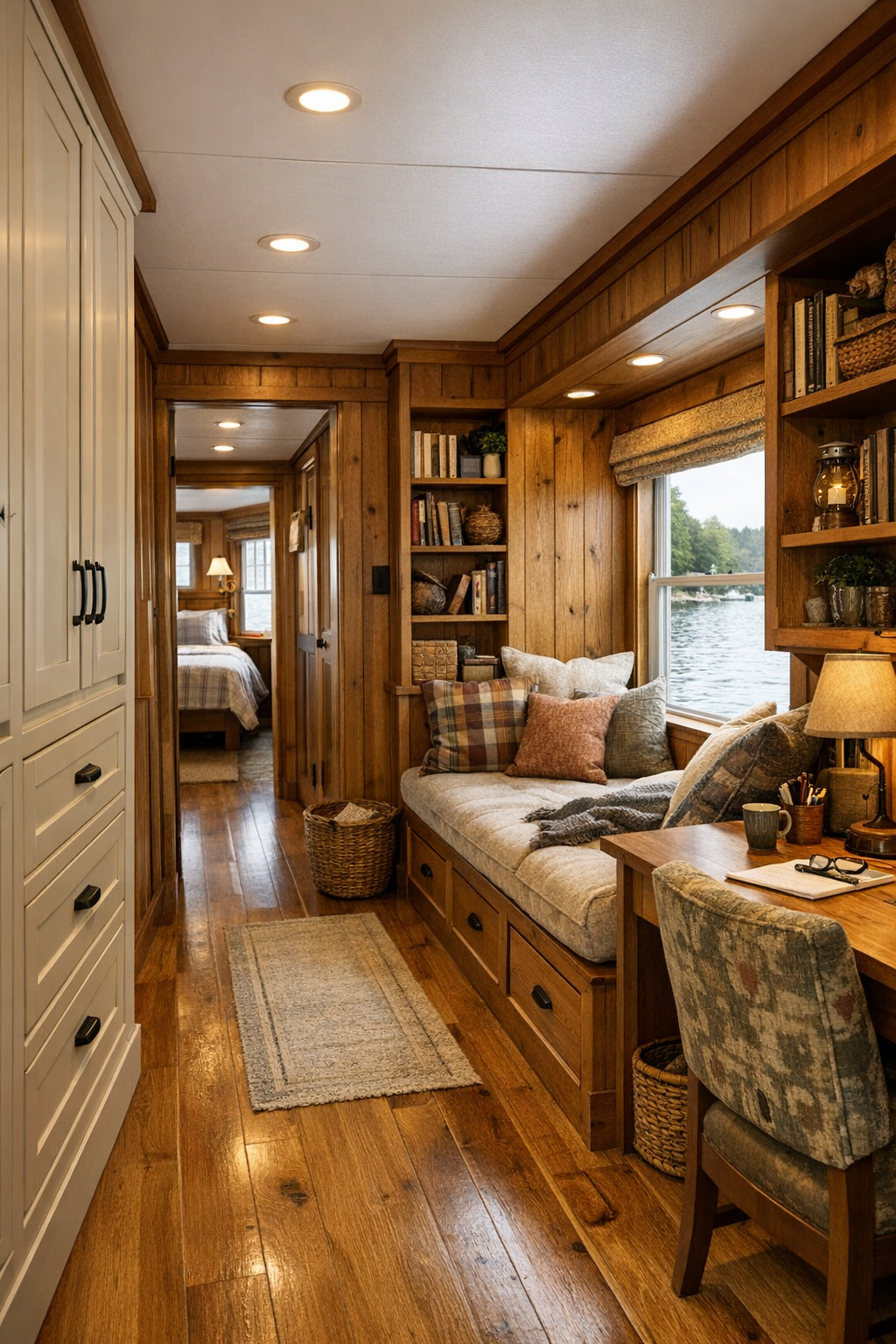 Bright houseboat nook and circulation area with built-in storage, window seat, and warm wood paneling