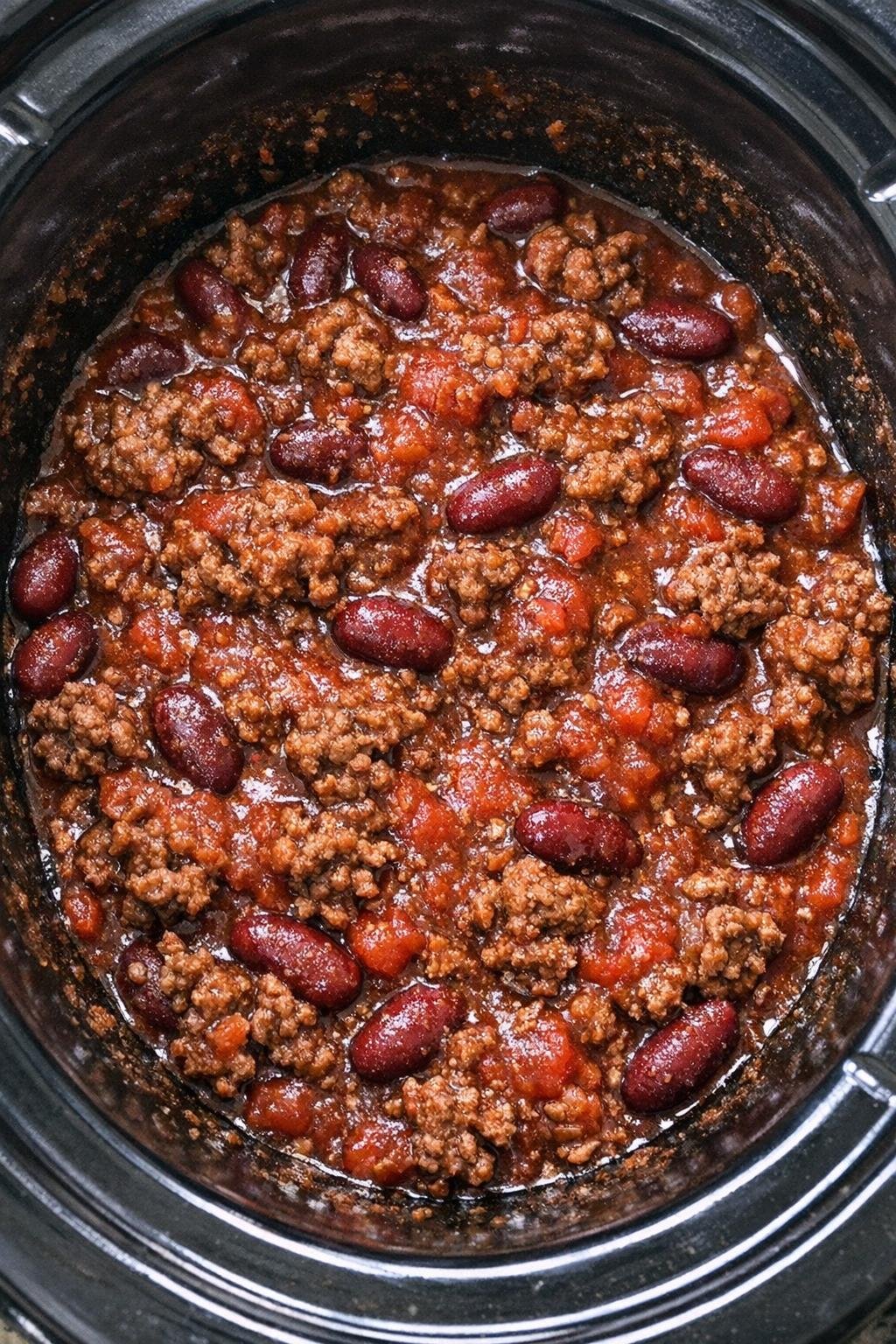 Chili con carne uit de slowcooker in een zwarte slowcooker