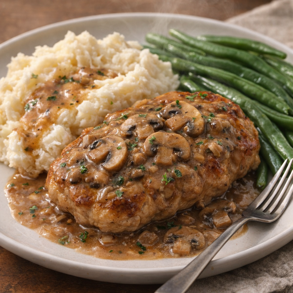 Plated pork chop with mushroom gravy and mashed potatoes