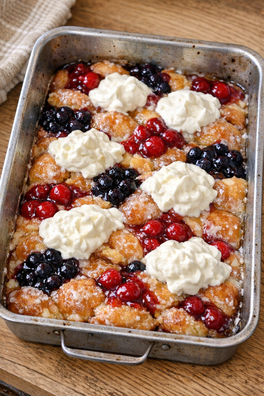 Baked glazed donut dessert in roasting pan