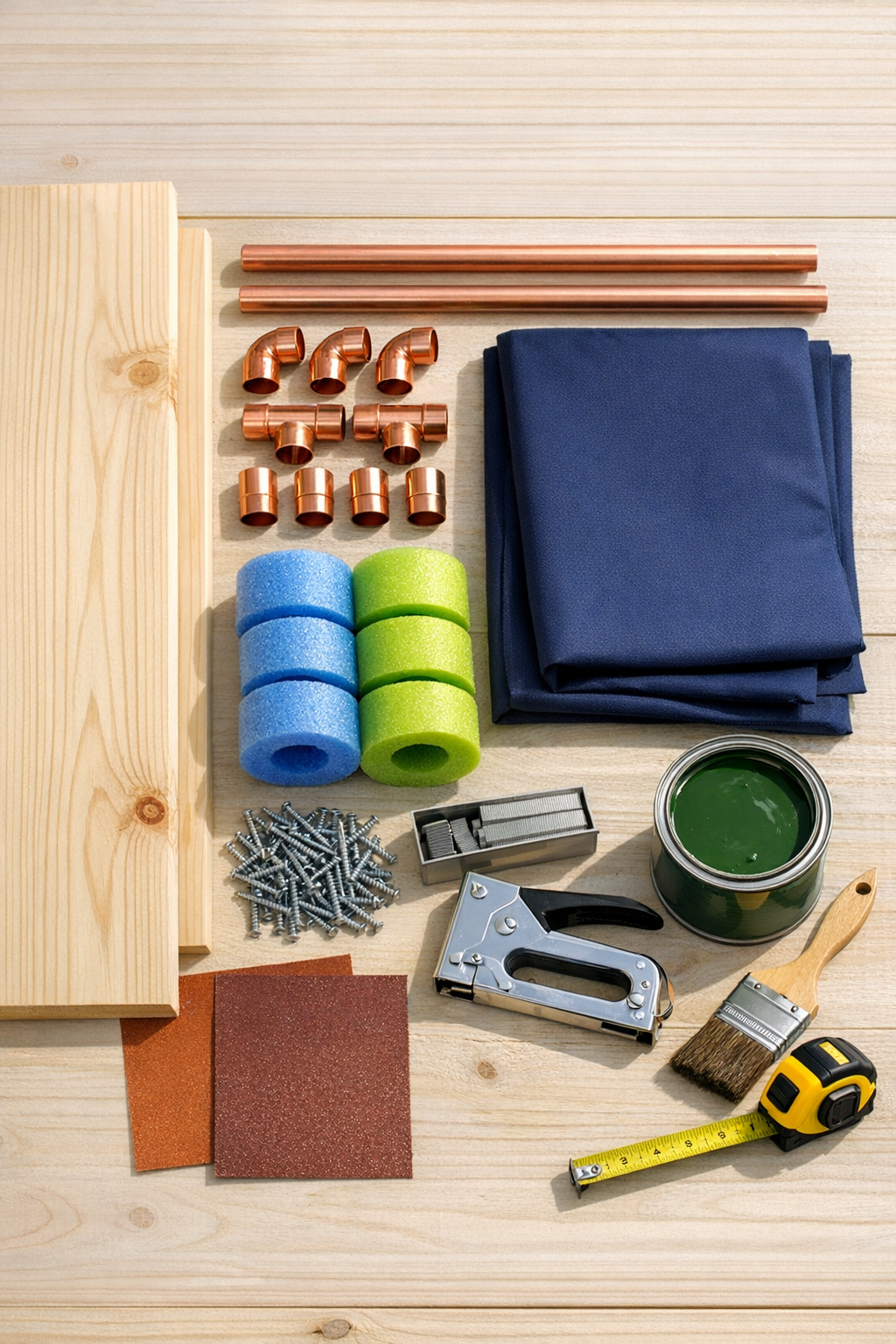 Materials for a wooden garden kneeler laid out on a work surface