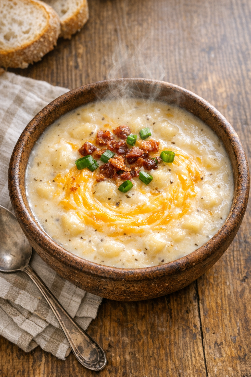 Finished bowl of creamy cheese potato soup