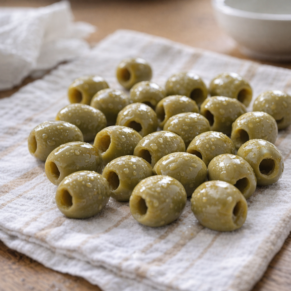 Green olives drying on a kitchen towel
