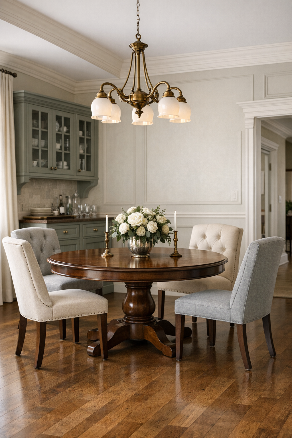 Accessible Victorian-style dining room with a round pedestal table and green-gray built-in sideboard