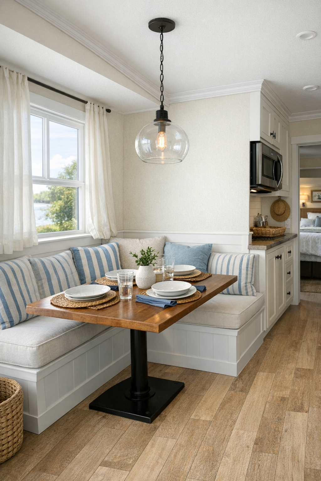 Coastal dining nook with a built-in banquette, warm wood table, and soft natural light