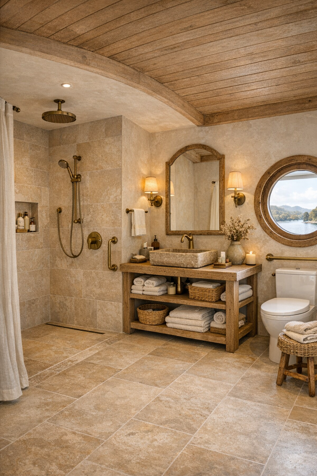 Elegant accessible bathroom with curbless shower, warm stone tile, and Tuscan villa finishes