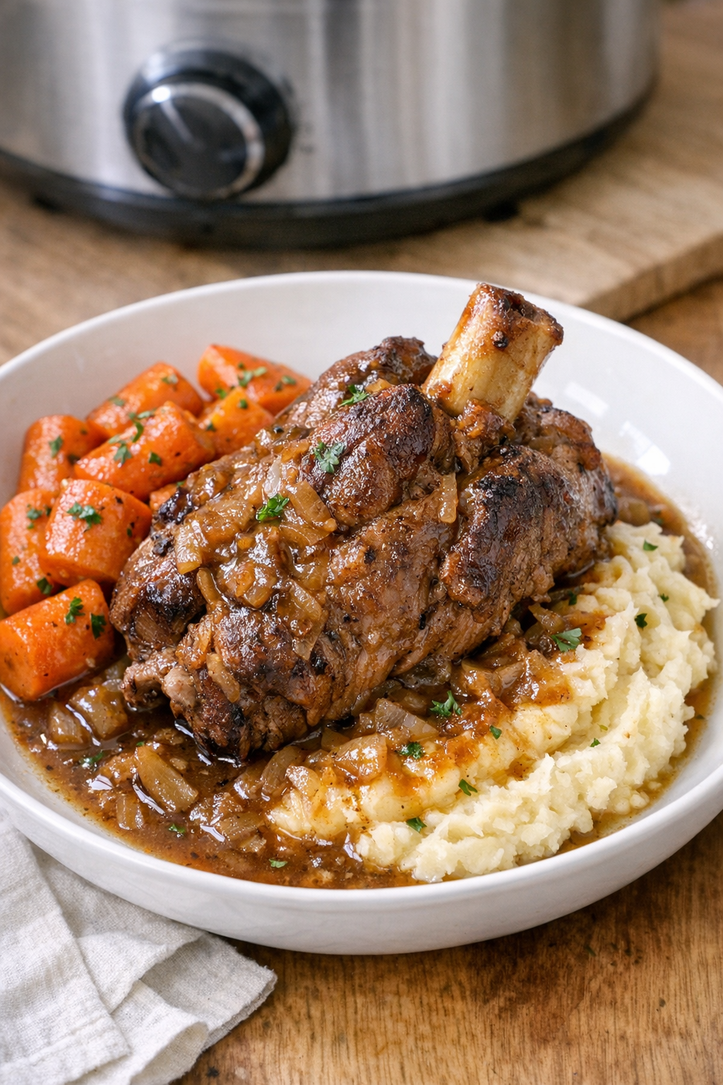 Braised pork shanks plated with potatoes