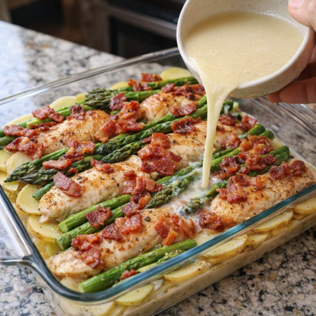 Layered casserole before baking