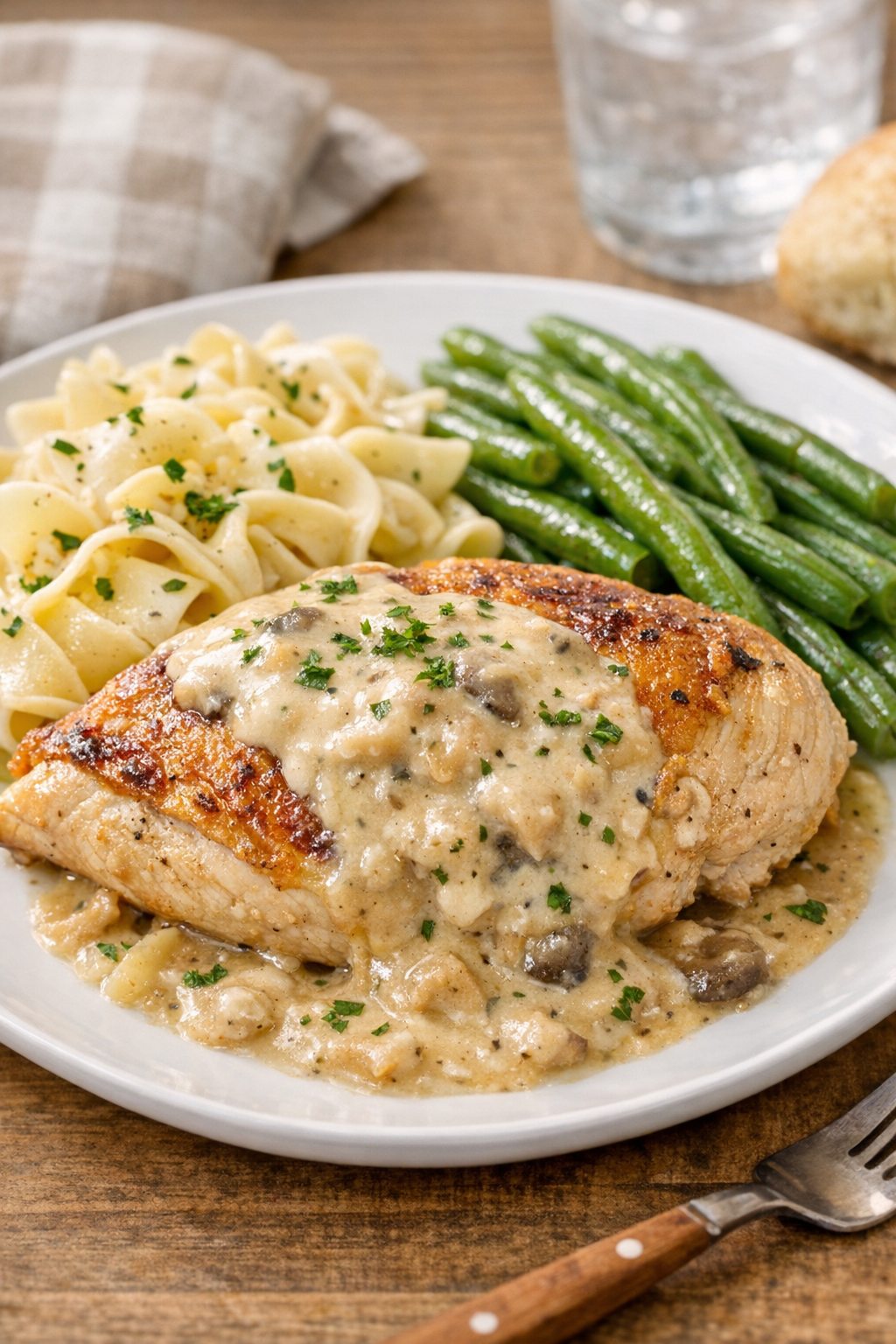 Finished plated slow cooker chicken with creamy sauce
