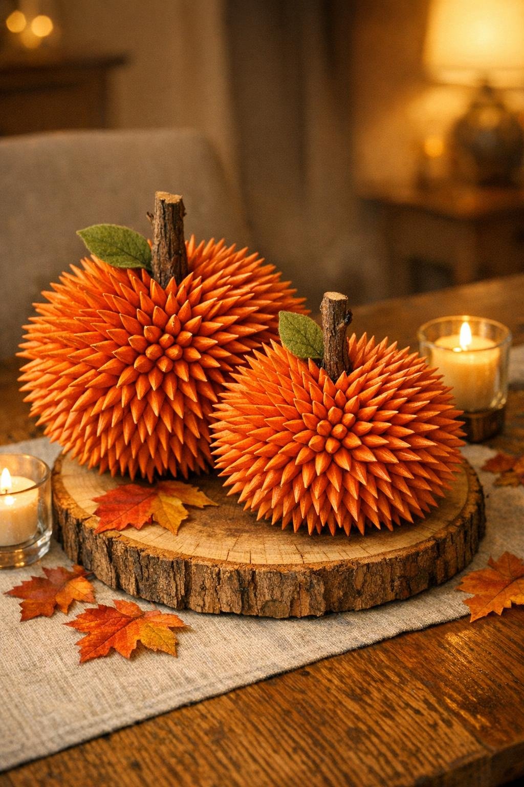 Finished toothpick pumpkin centerpiece displayed on a fall table
